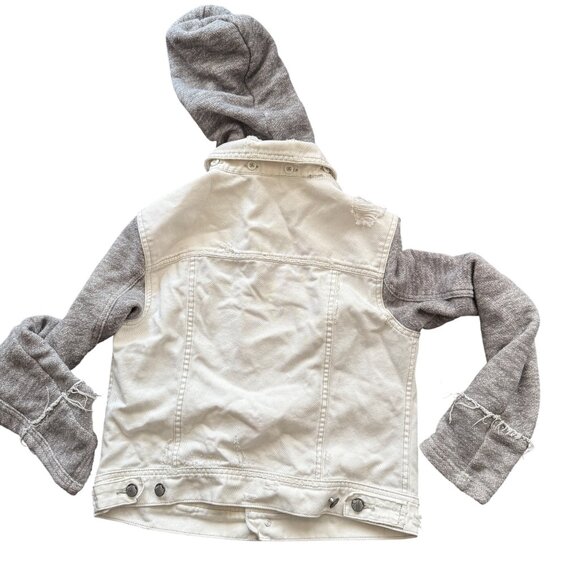 Free People Womens Cropped White Denim Jacket With Gray Knit Sleeves & Hood Butt - Picture 5 of 5